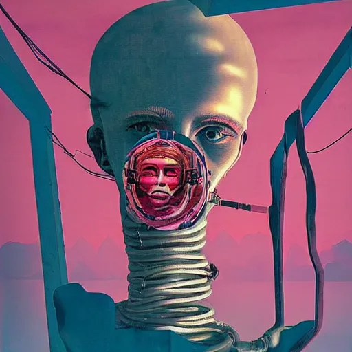 Prompt: Tristan Eaton & Greg Rutkowski, award winning masterpiece with incredible details, Zhang Kechun, a surreal vaporwave vaporwave vaporwave vaporwave vaporwave painting by Thomas Cole of an old pink mannequin head with cables and wires coming out of it's neck, sinking underwater, highly detailed