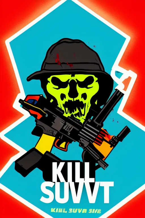 Prompt: kill to survive, shoot to kill logo. pop art, no duplicate image, glowing lights, highly detailed, digital painting, artstation, concept art, smooth, sharp focus, illustration, details type, art by richard hamilton and mimmo rottela