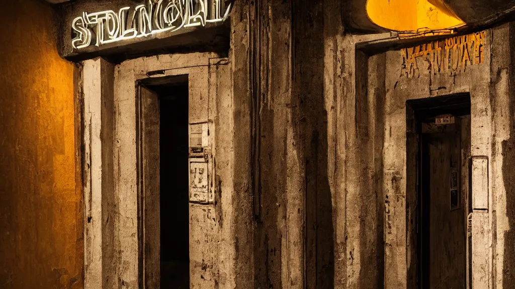 Image similar to detailed photograph of a doorway in a ( ( gray ) ) stoney extremely narrow nightclub hallway with a ( ( neon ) ) sign, aztec architecture, dimly lit, sharp focus