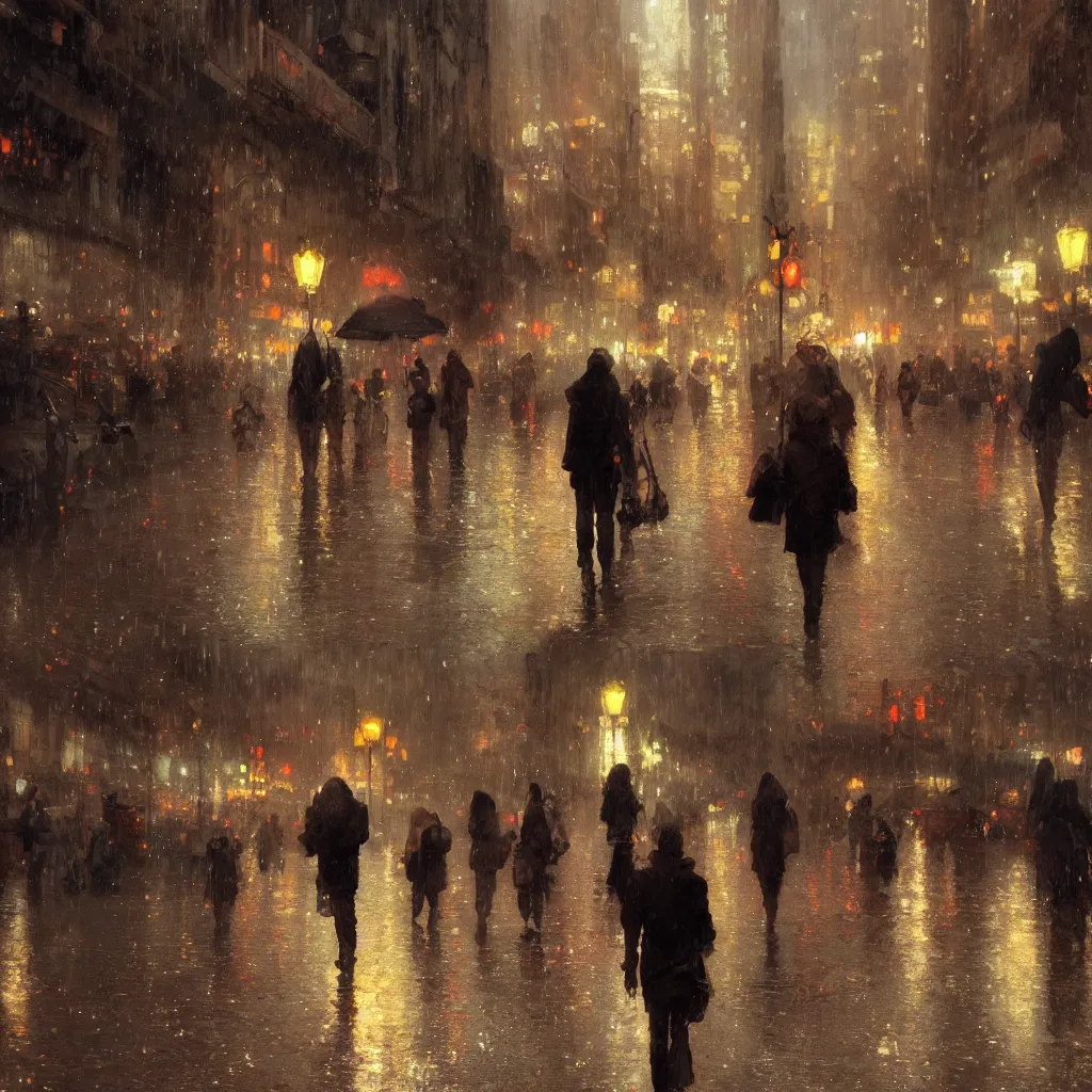 Image similar to a beautiful city at night, wet sidewalk, people, reflections, raindrops, art by craig mullins, greg rutkowski, alphonse mucha, trending on artstation, extremely detailed, masterpiece