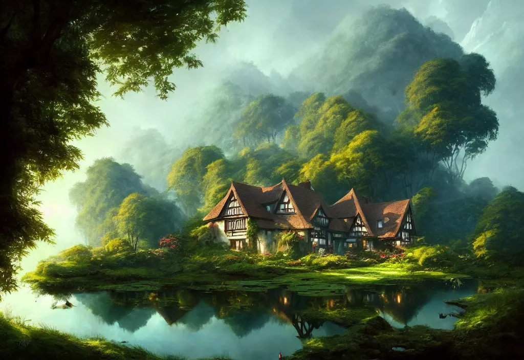 Prompt: one small tudor house on a hillside surrounded by jungle with a pond, blue sky, cinematic view, detailed architecture, concept art, high detail, well lit, volumetric, godrays, vivid, trending on artstation, by jordan grimmer, art greg rutkowski