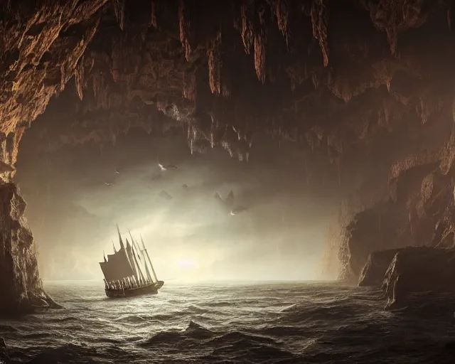 Prompt: A singular big galleon ship, three masts, front and center, in a cave. Underexposed, dark, centered. Atmospheric matte painting by Darek Zabrocki and Emmanuel Shiu, 4k ultra detailed