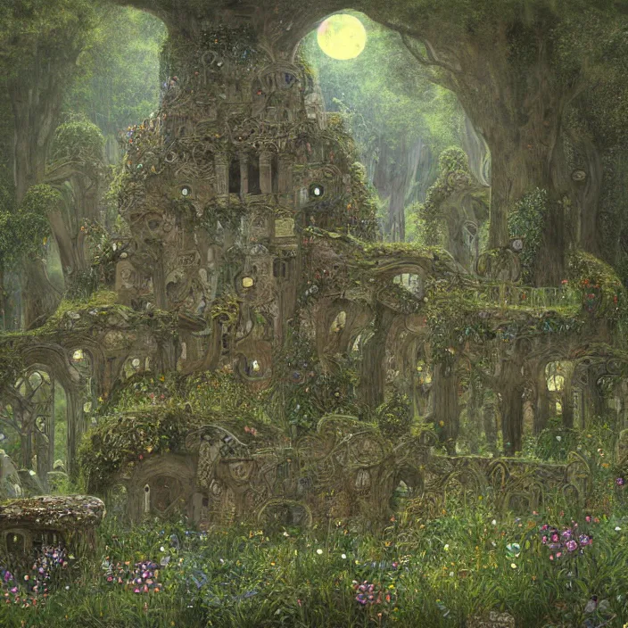 Image similar to ancient overgrown! ruins, medieval gates, runestones, mysetrious etherial mesmerizing runic!! cat eyes, magical elven geometry, concept art by gustav klimt!!, deviantart contest winner, environmental art, fairy circle, lit by moonlight!!, high detail, intricate masterpiece