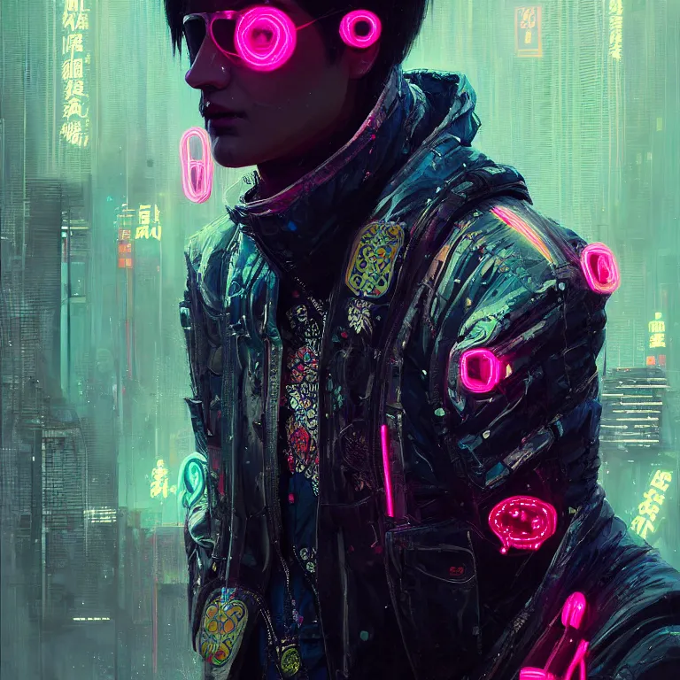 Prompt: etailed portrait virgul, neon operator, cyberpunk futuristic neon, reflective puffy coat, decorated with traditional chinese ornaments by ismail inceoglu dragan bibin hans thoma greg rutkowski alexandros pyromallis nekro rene maritte illustrated, perfect face, fine details, realistic shaded, fine - face, pretty face