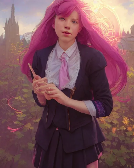 Image similar to portrait of an innocent lost college girl with pink hair, magic school uniform, fantasy building, intricate, sharp focus, lens flare, bloom, rim light, illustration, highly detailed, digital painting, concept art, matte, art by wlop and artgerm and greg rutkowski and alphonse mucha, masterpiece