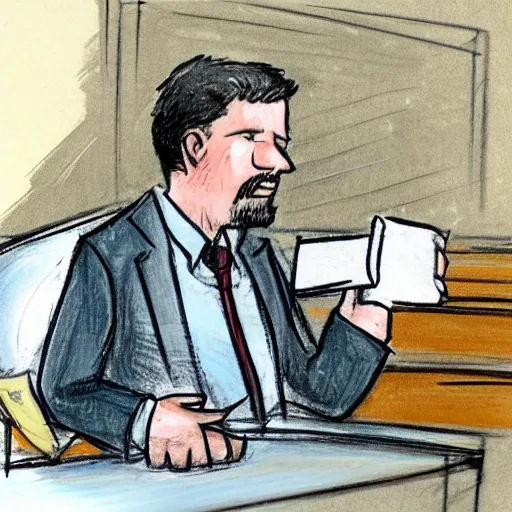 Prompt: A man is sweating profusely in court, because he is lawyer is a tapir. Courtroom sketch.