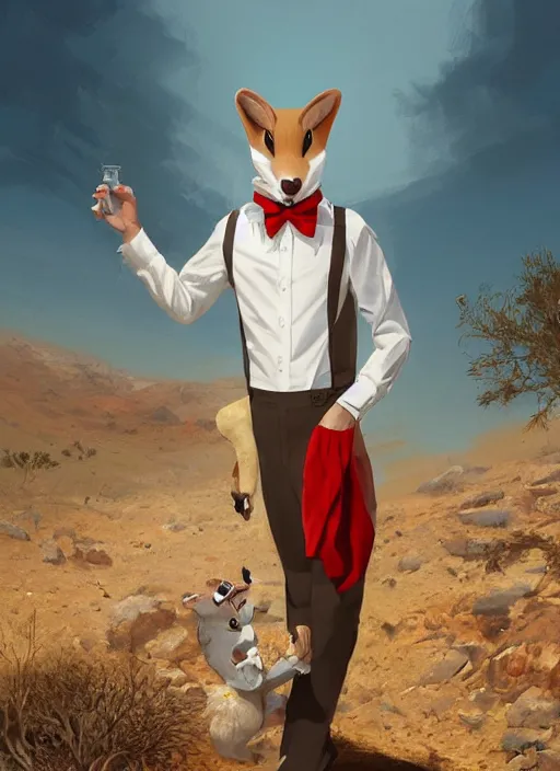 Image similar to Character portrait of a happy furry cartoon anthro stoat wearing a white_dress_shirt, tan_vest, red_bowtie, and black_slacks in the desert wilderness, intricate, elegant, highly detailed, digital painting, artstation, concept art, smooth, sharp focus, illustration, art by Krenz Cushart and Artem Demura and alphonse mucha