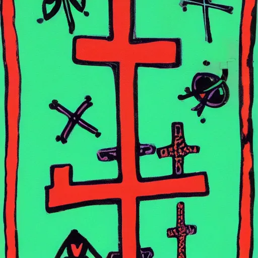 Image similar to fluo green cave painting of crosses and ufos