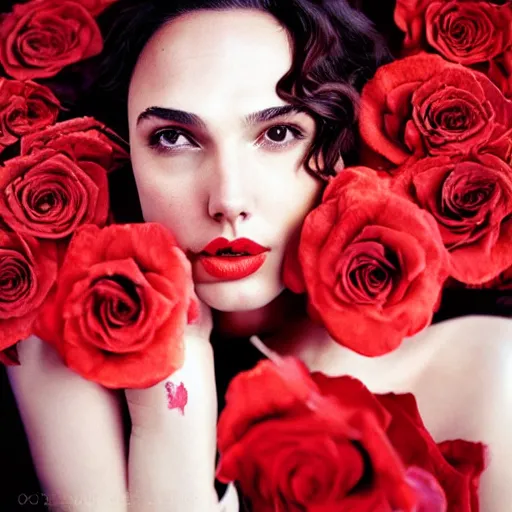 Image similar to fine art photo of the beauty gal gadot, she is merging from red roses, taken by oleg oprisco