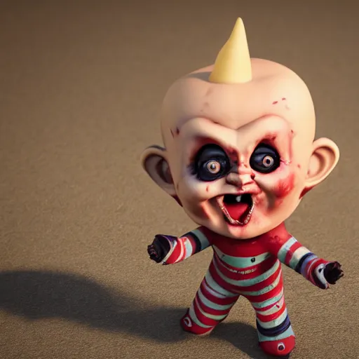 Image similar to ice cream popsicle shaped like screaming chucky doll, octane render