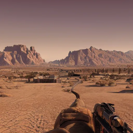 Prompt: Matte painting of of New Vegas in the middle of the Mojave wasteland 4k detailed