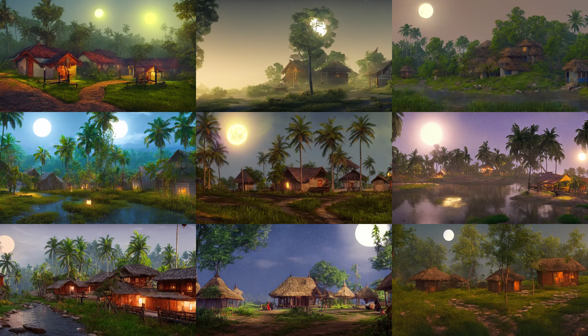 Prompt: a moonlit kerala village in the style of altos odyssey, ultrarealistic, artstation