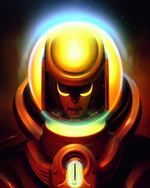 Image similar to zenyatta from overwatch, character portrait, portrait, close up, vintage fantasy art, vintage sci - fi art, radiant light, caustics, by boris vallejo