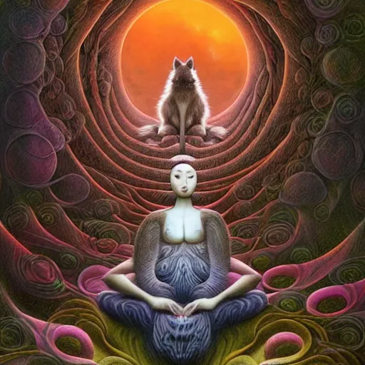 Image similar to an athromorphic wolf character meditating in a zen garden with a waterfall under the blood moon, by Adi granov and afarin sajedi and amanda sage and evgeni gordiets and Agostino Arrivabene and adonna khare in a psychedelic portrait style, ultrarealistic matte painting, volumetric lighting, fractal, extremely symmetrical, highly detailed face, orisha, 8k, hd