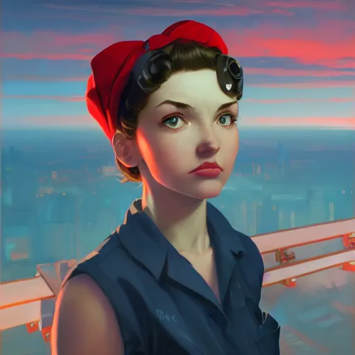Prompt: a portrait of Rosie the riveter, industrial setting, vivid colors, soft lighting, atmospheric, cinematic, moody, in the style of Ilya Kuvshinov and Range Murata, Krenz Cushart, oil on canvas, 8k