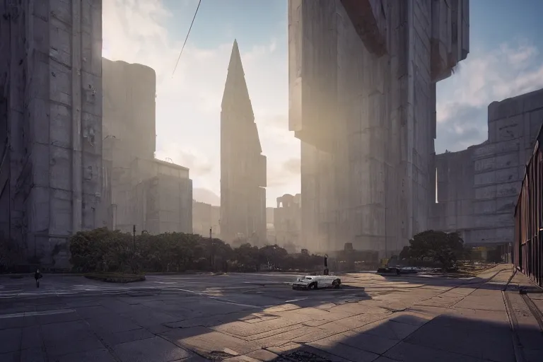 Image similar to streetscape, a towering cathedral of brutalist architecture, buildings covered with greebles, stunning volumetric light, sunset, metal, concrete and translucent material, stunning skies, majestic landscape, trending on Artstation, 8k, photorealistic, hyper detailed, unreal engine 5, IMAX quality, cinematic, epic lighting, in the style of Greg Rutkowski