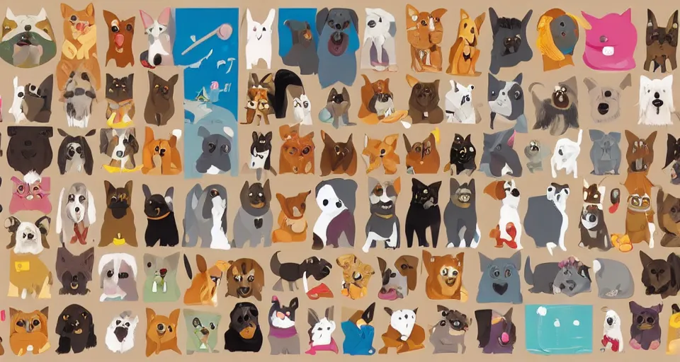 Prompt: a knolling of cartoon illustrations of dogs and cat, wimmelbuilder, superflat pop