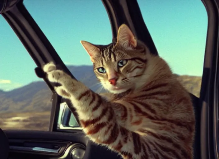 Image similar to A very high resolution image from a new movie, a cat driving a car around, inside of a car , mountains, Polaroid, directed by wes anderson