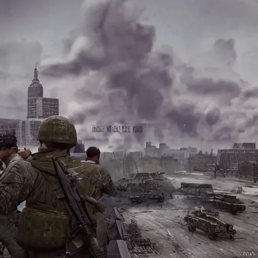 Image similar to The war between the Soviet Union and America, the action takes place in New York, far away against the background of the Statue of Liberty, a lot of soldiers and military equipment, a lot of explosions and tracer bullets, a lot of ruins, a very epic battle, The style of photography of the 80s, very detailed and detailed style