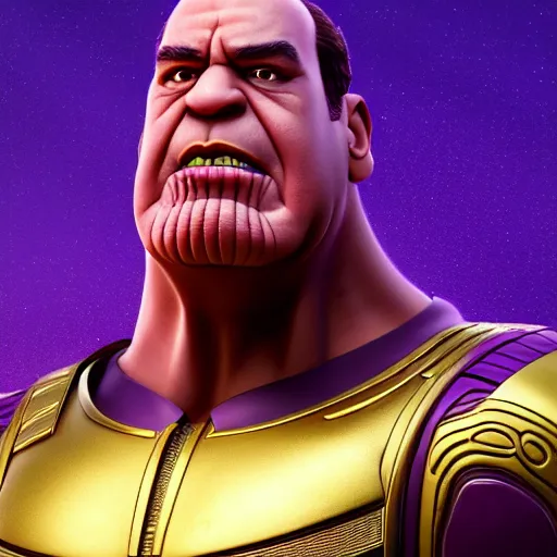 Image similar to a portrait of abdelfattah alsisi as thanos, the pixar adaptation, with same hairstyle, angry facial expressions, hyper detailed, digital art, trending in artstation, cinematic lighting, studio quality, smooth render, unreal engine 5 rendered, octane rendered