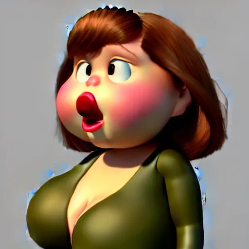 Image similar to A portrait of a curvy plump woman, a cute 3d cgi toon woman with brown hair in a Bob, no bangs, brown eyes, full face, olive skin, romanian heritage, medium shot, mid-shot, 8k, trending on artstation, as a Pixar character