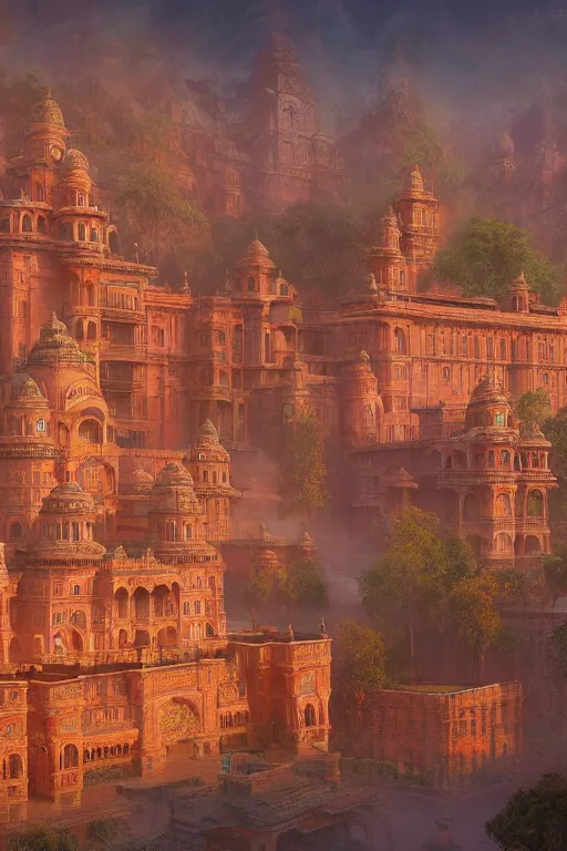 Image similar to old indian city with a breathtaking view of a magnificent maharajah palace at pink dawn, intricate, elegant, volumetric lighting, digital painting, highly detailed, artstation, sharp focus, illustration, concept art, ruan jia, steve mccurry