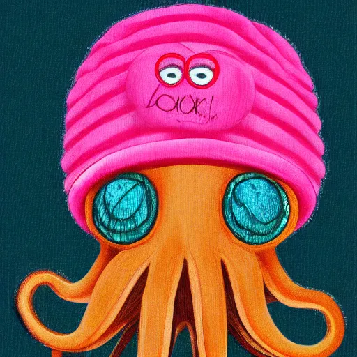 Image similar to sad octopus wearing a pink hat by alex heywood in 4 k ultra high resolution