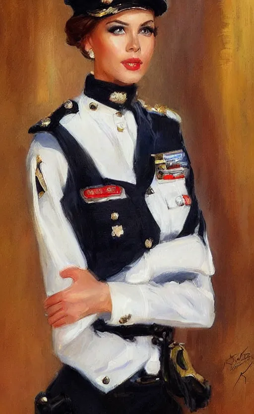 Image similar to Elegant lady in police uniform. By Konstantin Razumov, highly detailded