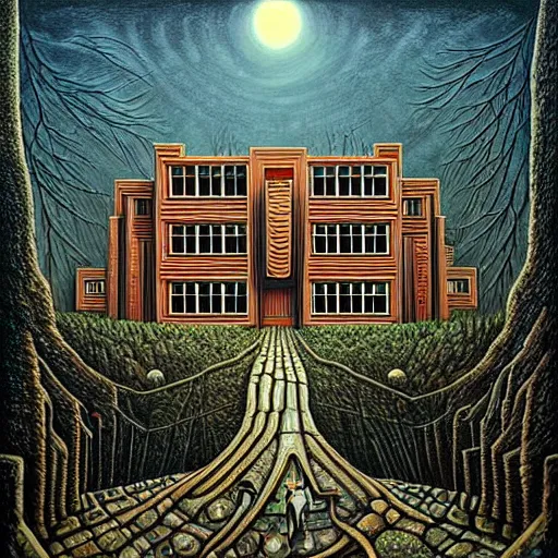 Image similar to a mansion with brutal architecture in the middle of an ancient futuristic druidic village in the woods, painting by jeffrey smith