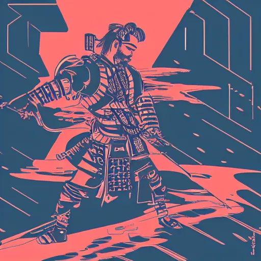 Prompt: cyberpunk synth wave samurai in the style of hokusai