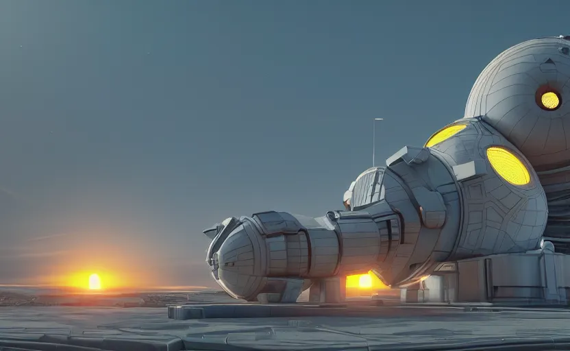 Prompt: 3 d render of a scifi spaceport, sunset lighting, spacecraft taking off, unreal engine, hyper realism, realistic shading, cinematic composition, blender render, octane render, hdr, detailed textures, photorealistic, ultrawide shot, 1 6 mm lens