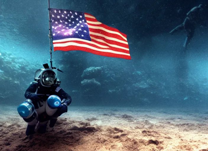 Image similar to astronaut underwater putting a flag in the sand of the bottom of the ocean. there is a submarine that looks like a rocket in the distance. dark, concept art, cinematic, dramatic, atmospheric, 8 k, trending on artstation, low visibility, zack snyder