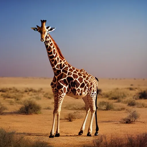 Image similar to burning giraffe in the desert, photorealistic, national geographic photography