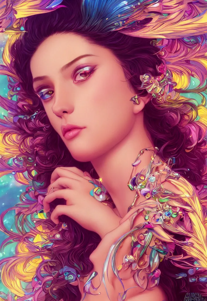 Image similar to beautiful, young woman, detailed gorgeous face, vaporwave aesthetic, synthwave, colorful, psychedelic, water droplets, feathers, crown, artstation, concept art, smooth, extremely sharp detail, finely tuned detail, ultra high definition, 8 k, unreal engine 5, ultra sharp focus, illustration, art by artgerm and greg rutkowski and alphonse mucha