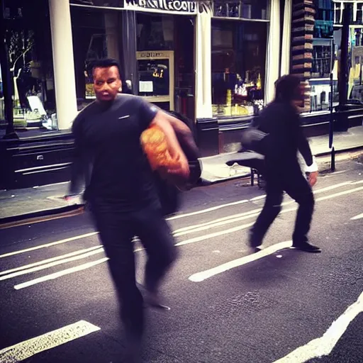 Prompt: “Incredible Hulks walking around Marylebone High St hq movie still”