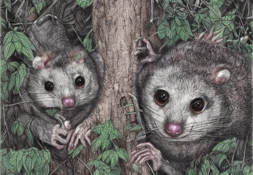 Prompt: humanoid possum hidden in the forest, colorized, highly detailed, 4k, trending on Artstation, award-winning, art by Maurice Sendak