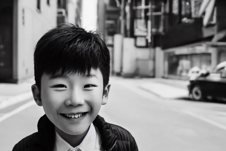 Prompt: still photo of a korean boy smiling at the camera on the street, black and white color aesthetic, highly detailed, photorealistic portrait, bright studio setting, studio lighting, crisp quality and light reflections, unreal engine 5 quality render