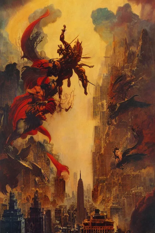 Image similar to Movie poster of Seraphim and Ophanim attacking new york, by frank frazetta, ilya repin, 8k, hd, high resolution print