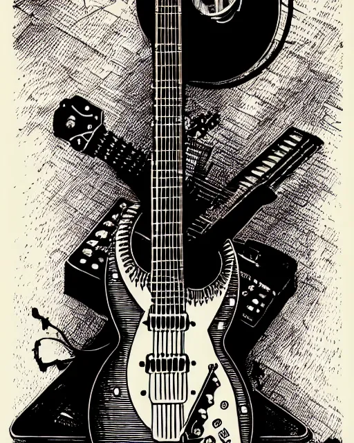 Prompt: a steampunk guitar leaning on an guitar amp, two point perspective, high details, bold line art, by vincent di fate and joe fenton, inking, etching, screen print, masterpiece, trending on artstation, sharp, high contrast, hyper - detailed,, hd, 4 k, 8 k