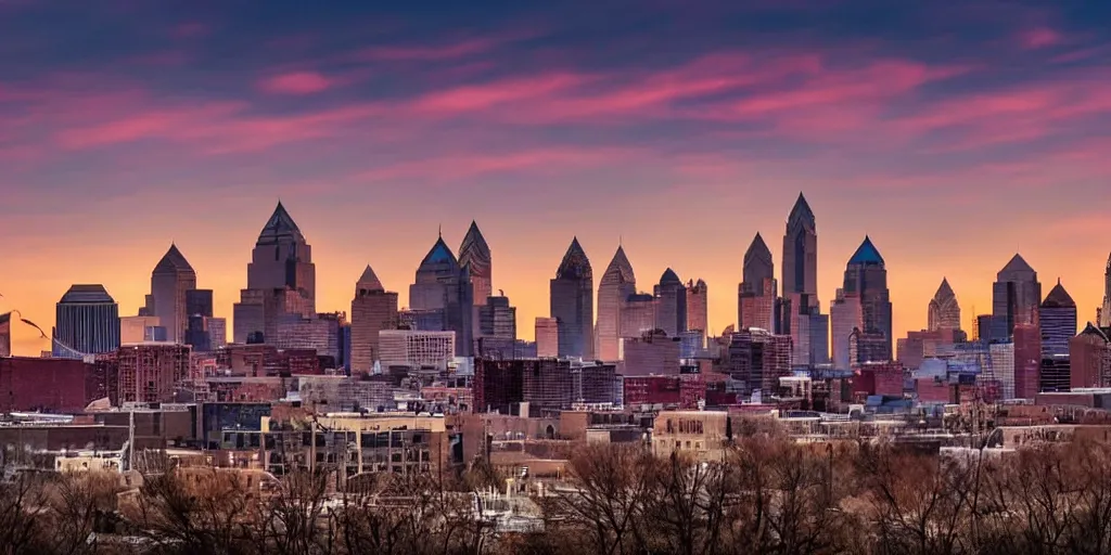 Image similar to post-apocalyptic philadelphia skyline at sunset, realistic