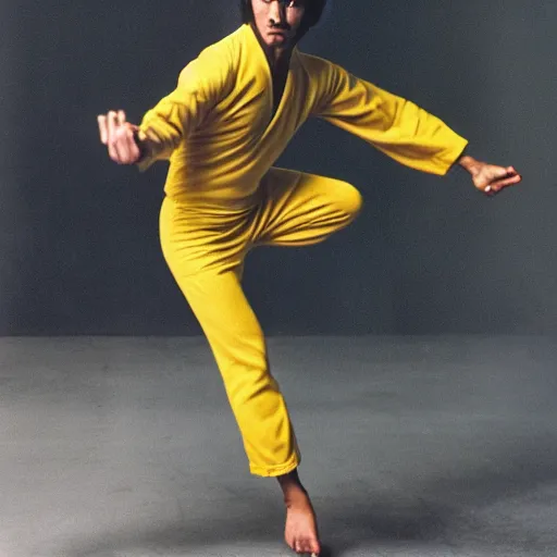 Image similar to a kick by Bruce Lee wearing a yellow jumpsuit by Gian Galang