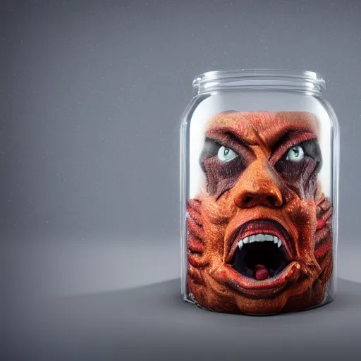 Image similar to Evil monster in a jar, product photography, centered, studio lightning