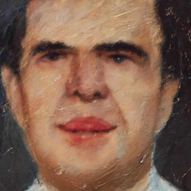 Prompt: Beautiful warmly lit close up studio portrait of young teenage Richard Nixon sweetly smiling, impasto oil painting heavy brushstrokes by Cy Twombly and Anselm Kiefer , trending on artstation dramatic lighting abstract Expressionism