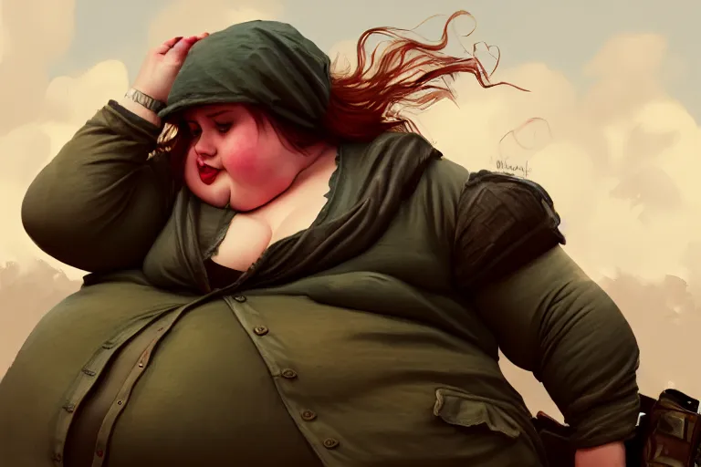 Image similar to obese feminist typing a tweet, battlefield, highly detailed, photoreal, sharp focus, illustration, gross, colorful, trending on artstation, cinematic, artwork by wlop