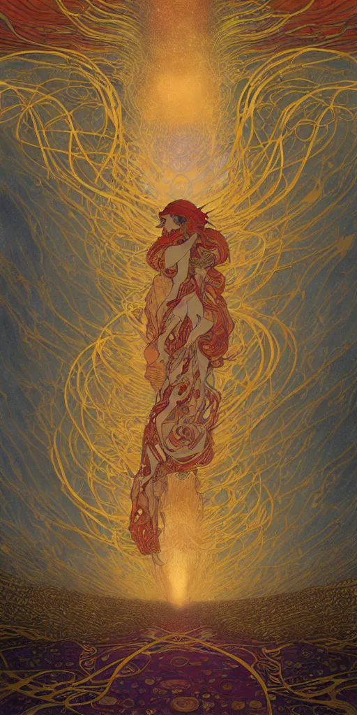 Image similar to breathtaking digital painting of a storm pierced with swords of light, in golden clouds in a desert castle, strokes of mist and scarlet ribbons, art nouveau style, by casimir art, gustav klimt and alfons mucha, anato finnstark and kelogsloops, elegant, highly detailed, artstation, concept art, matte, sharp focus