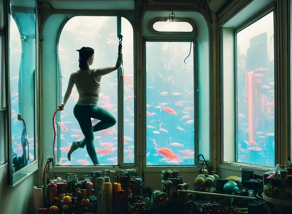 Image similar to telephoto 7 0 mm f / 2. 8 iso 2 0 0 photograph depicting the feeling of power in a cosy cluttered french sci - fi ( art nouveau ) pale cyberpunk apartment in a pastel dreamstate art cinema style. ( aquarium, weight lifting, window ( city ), led indicator, lamp ( ( ( gym ) ) ) ), ambient light.