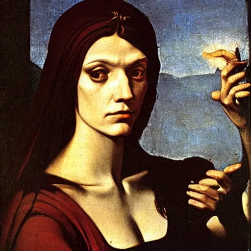 Image similar to portrait of beautiful witch circe in the odyssey, art by petrus christus, caravaggio, leonardo da vinci