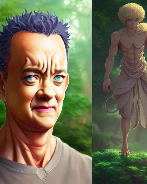 Image similar to character concept art of tom hanks as an anime dryad | cute - fine face, pretty face, realistic shaded perfect face, fine details by stanley artgerm lau, wlop, rossdraws, james jean, andrei riabovitchev, marc simonetti, and sakimichan, tranding on artstation