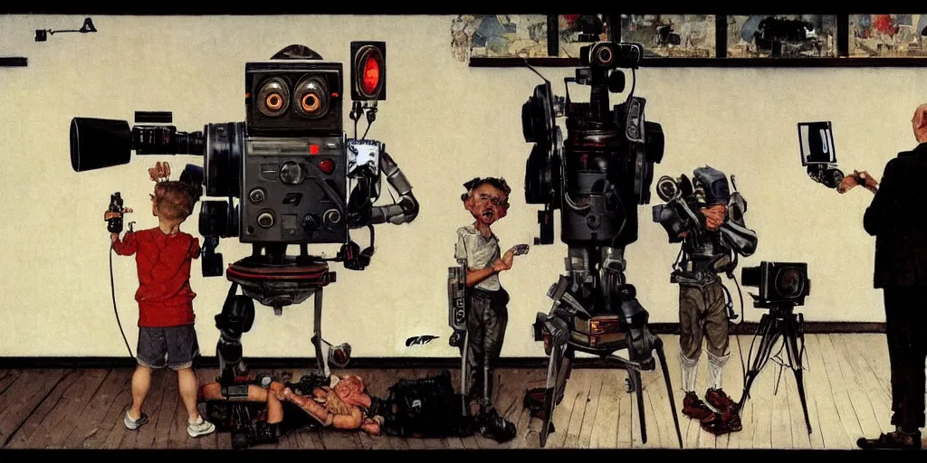 Image similar to a robot director shoots a scene with a camera pointed at two frightened human beings by Norman Rockwell, hyper detailled, trending on artstation