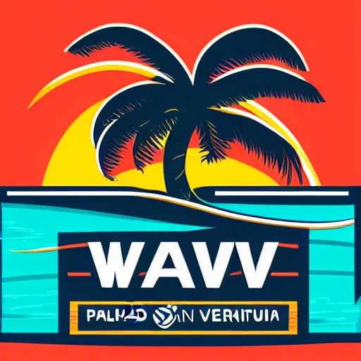Image similar to waves in front of a palm tree in front of a giant volleyball vector logo, professional sports style, flat colour, svg, professional, sharp edges